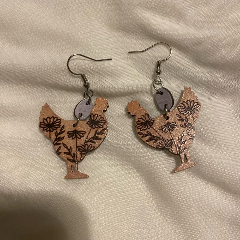 Floral Chicken Design Earrings in Brown and Silver